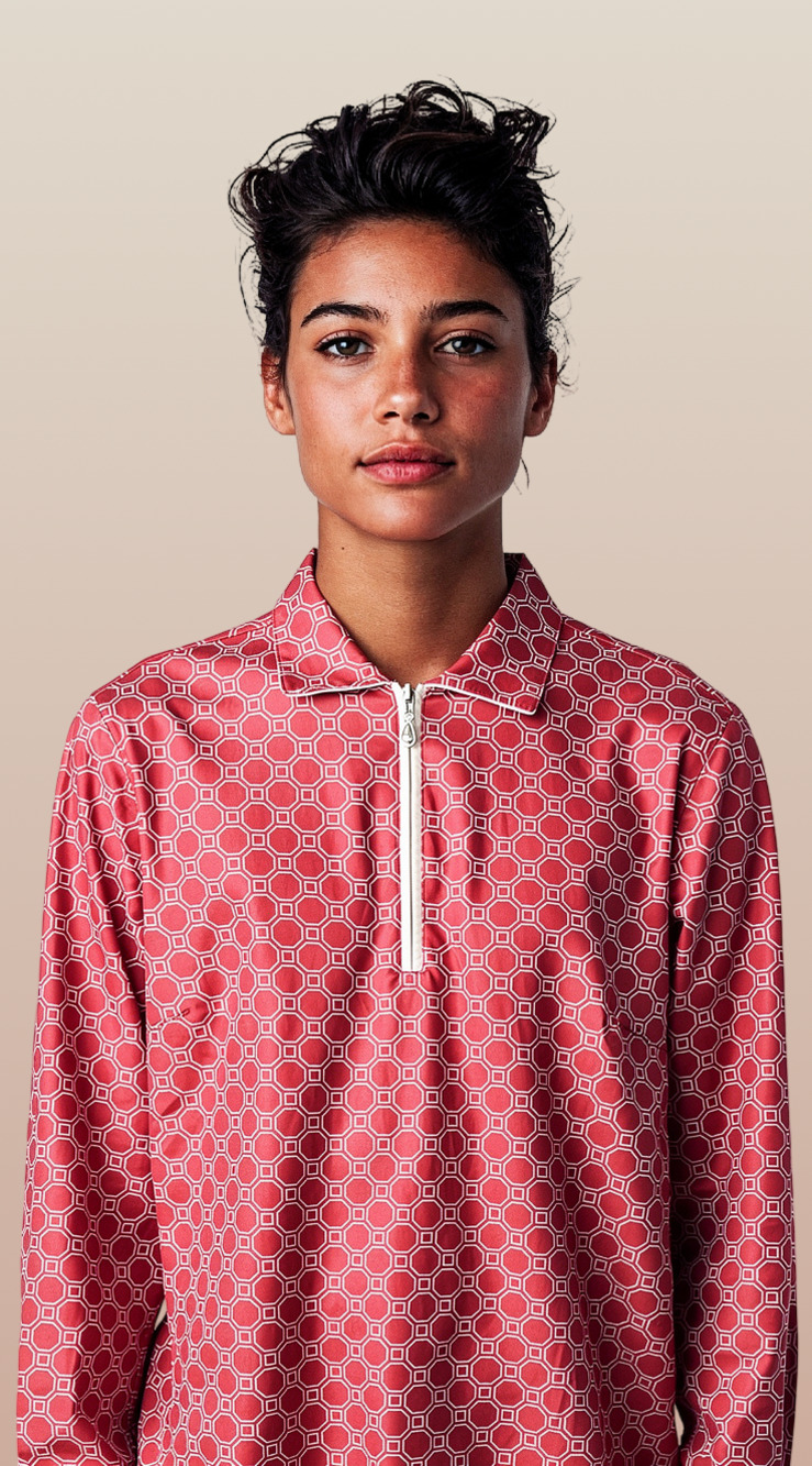 SanSoleil SolTek Long Sleeve Quarter Zip Golf Shirt Red Geometric Print- large